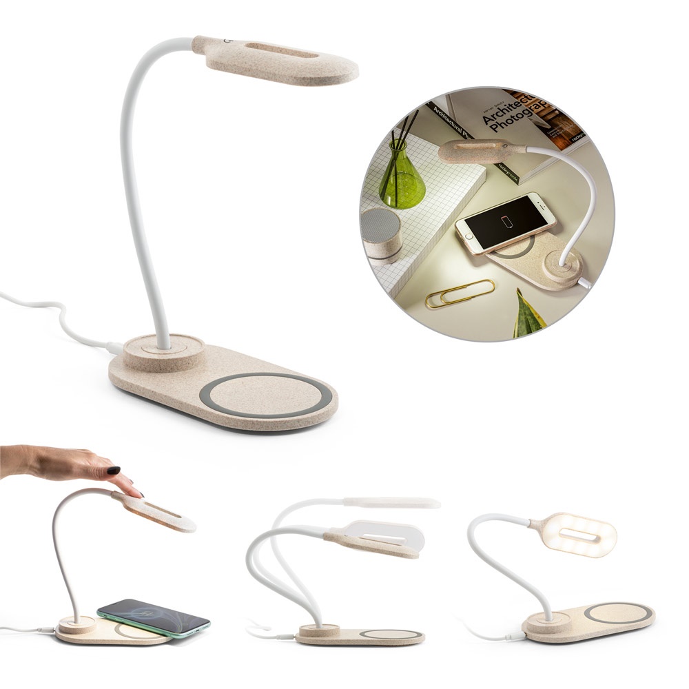 Lezzo. Luminária de Mesa com Carregador Por Indução Super-rápido (15w), em Abs e Fibra de Palha de Trigo