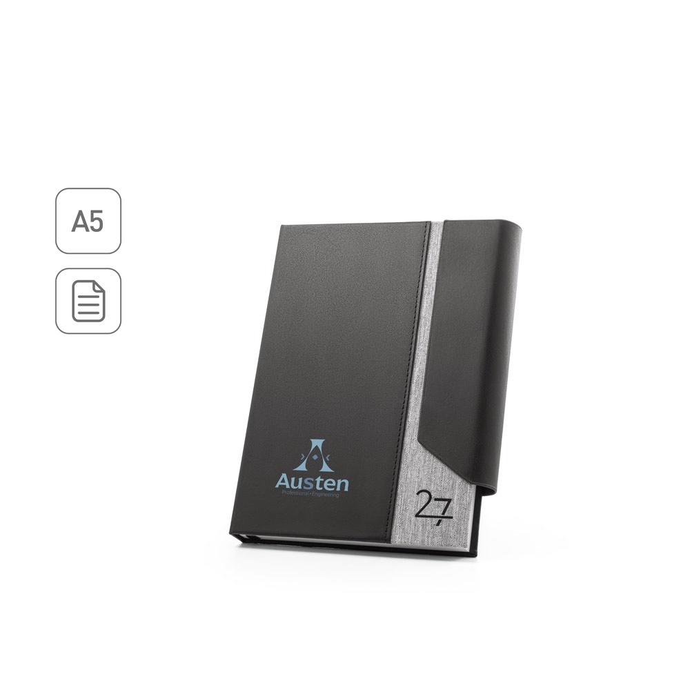 Austen A5. Agenda A5 em Pu (58% Reciclado) e Pet Reciclado (100% Rpet) 300d