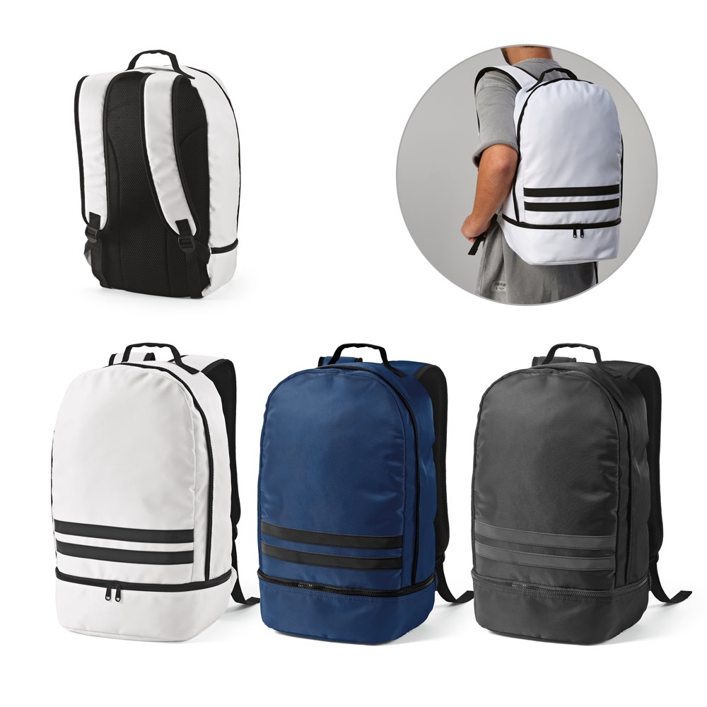 Manchester. Mochila em Poliéster Reciclado 290t e Sarja com Compartimento para Sapatos (25 L)