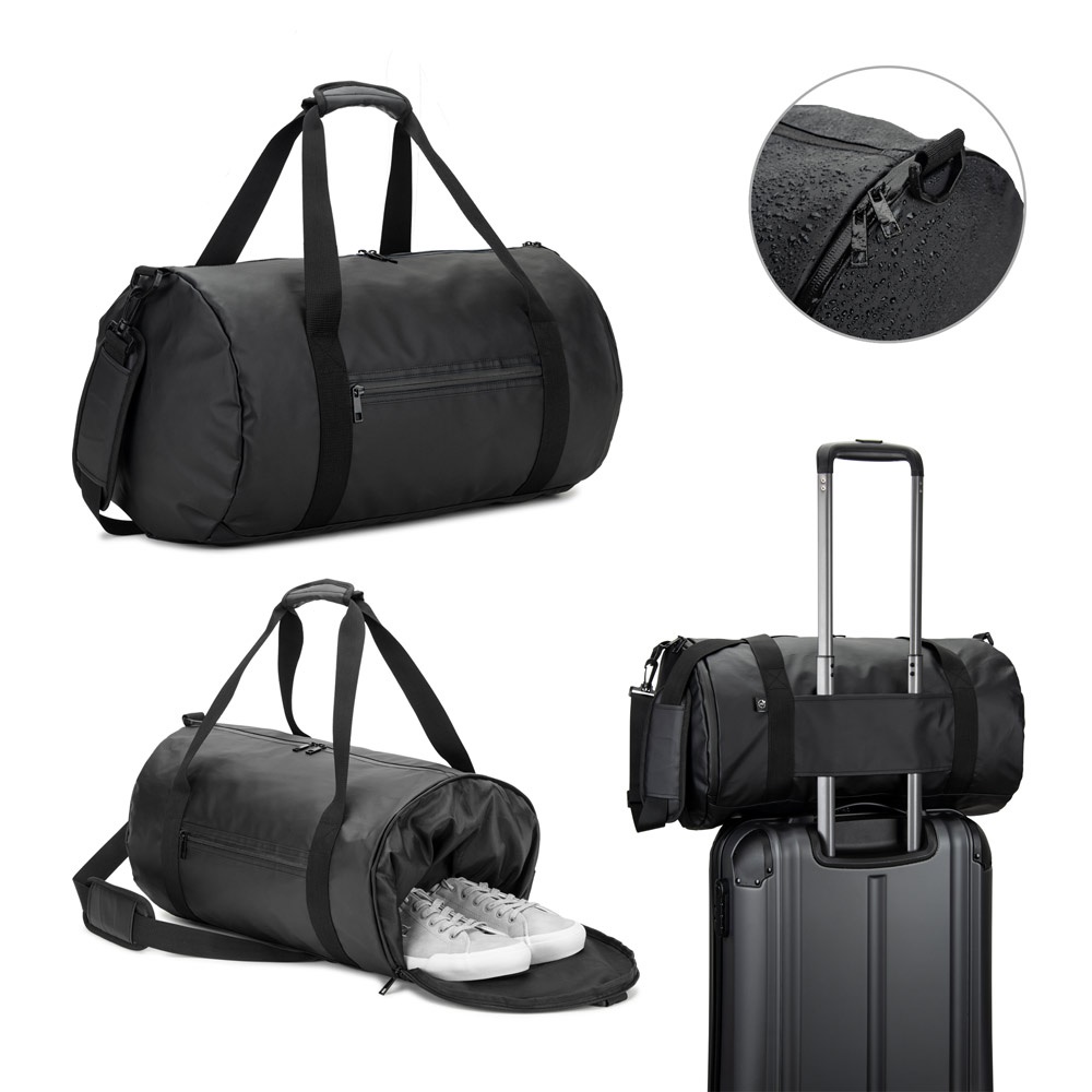 Osasco Sport. Bolsa Esportiva em Formato Cilíndrico em Poliéster Reciclado 600d de Alta Densidade com Compartimento Lateral para Sapatos (32 L)