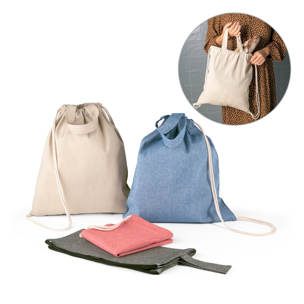 Rissani. Sacola Tipo Mochila em 70% Algodão Reciclado e 30% Poliéster Reciclado (140g/m²) Sem Tingimento