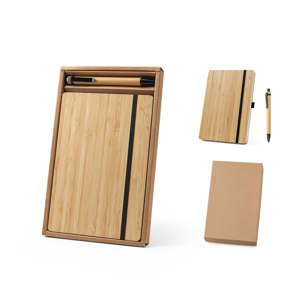 Gaiman. Conjunto de Caderno A5 em Bambu com Páginas Pautadas e Caneta Esferográfica em Bambu