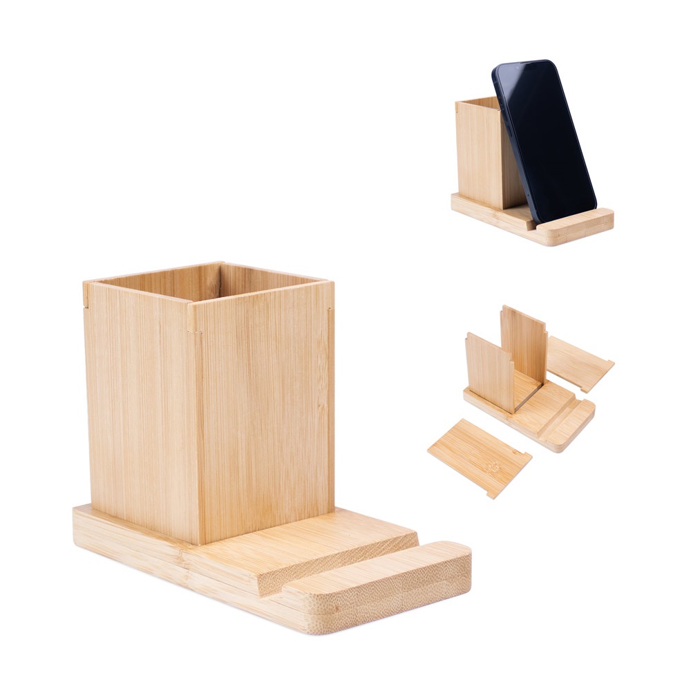 Erwin. Conjunto de Secretária com Suporte para Celular e Copo, em Bambu