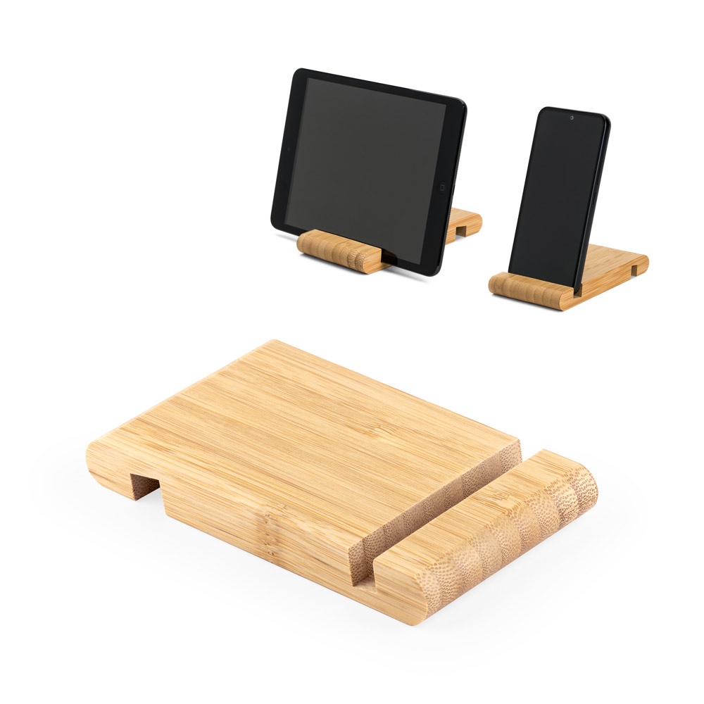 Haber. Suporte para Celular com Duas Canaletas de Tamanhos Diferentes, em Bambu