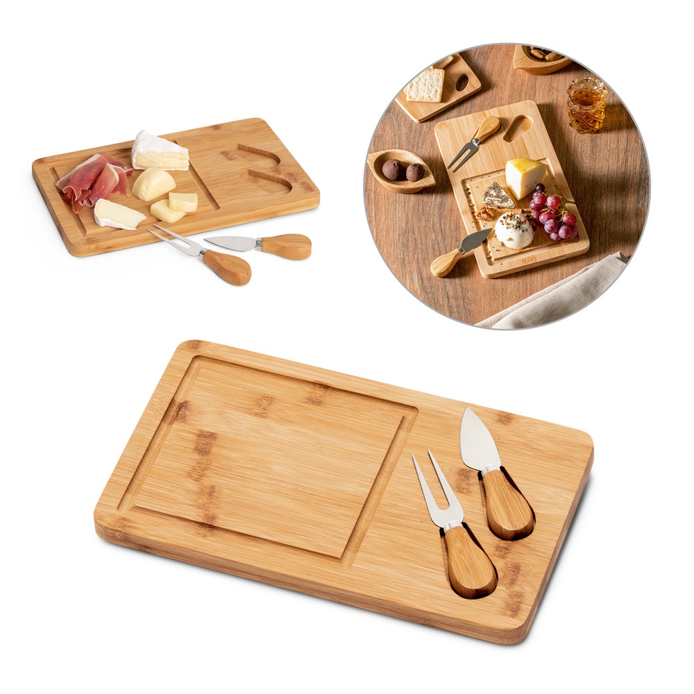 Woods. Tábua de Queijos em Bambu com 2 Utensílios em Bambu e Aço Inox
