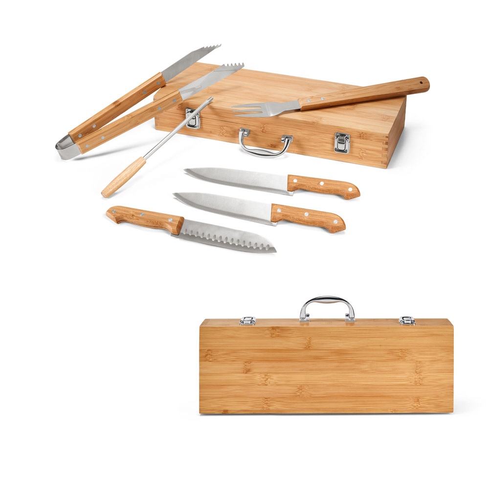 Bottura. Kit Churrasco em Estojo de Bambu com 6 Peças em Aço Inox e Bambu