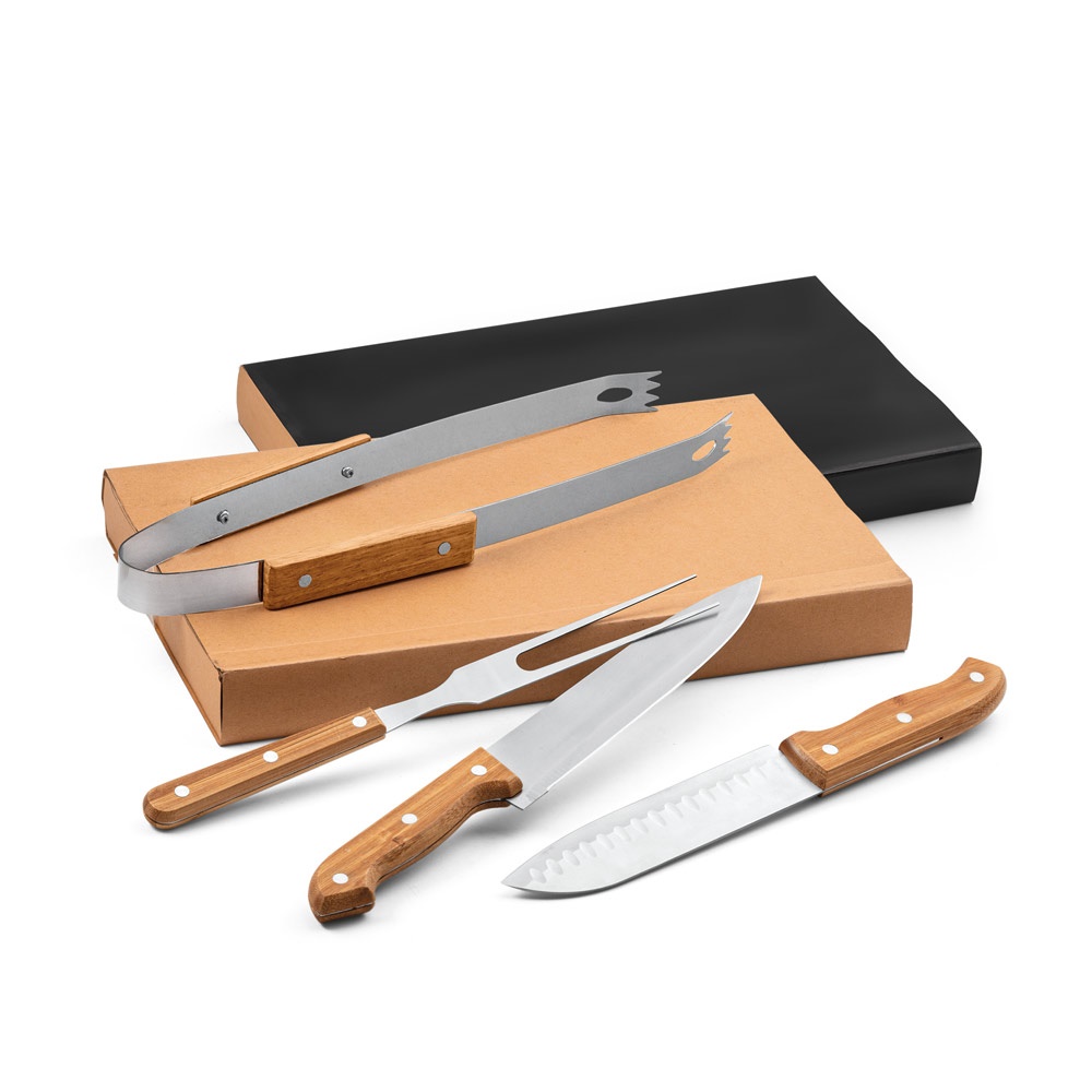 Alioli King. Kit Churrasco em Caixa Kraft com 4 Peças em Aço Inox e Bambu