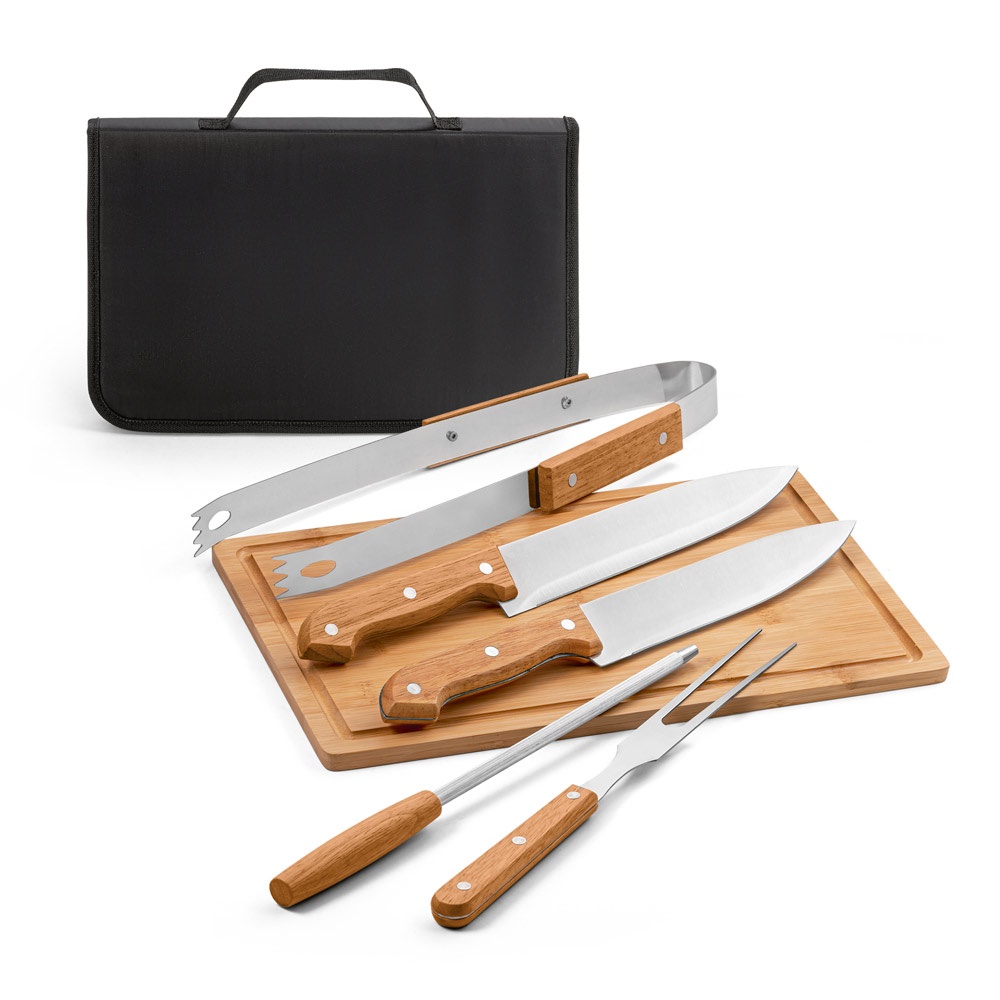 Garlic King. Kit Churrasco em Estojo de 210d com Tábua em Bambu e 5 Utensílios em Aço Inox e Madeira de Seringueira