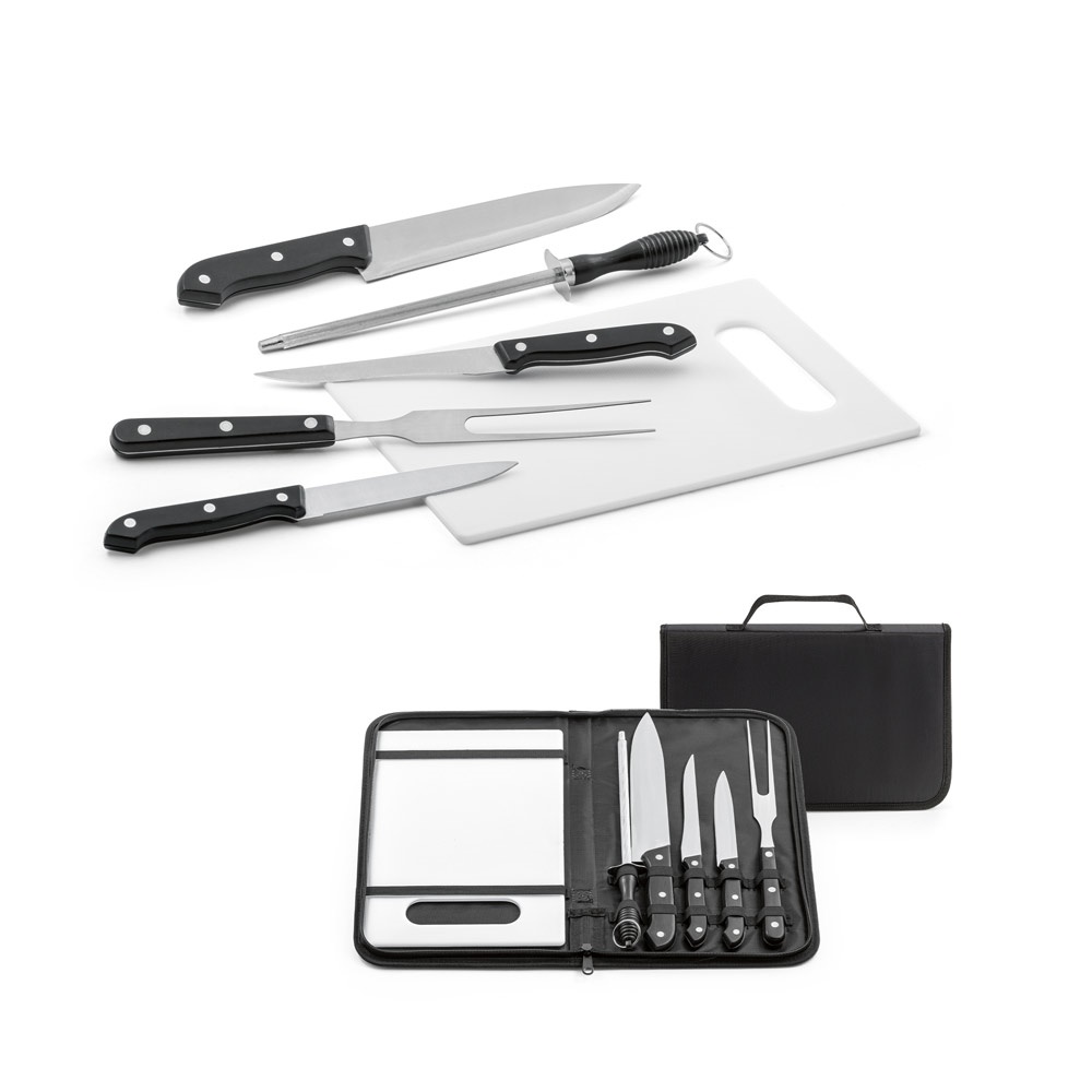Botaly. Kit Churrasco em Estojo de Nylon 210d com Tábua em Pp e 5 Utensílios em Aço Inox e Pp