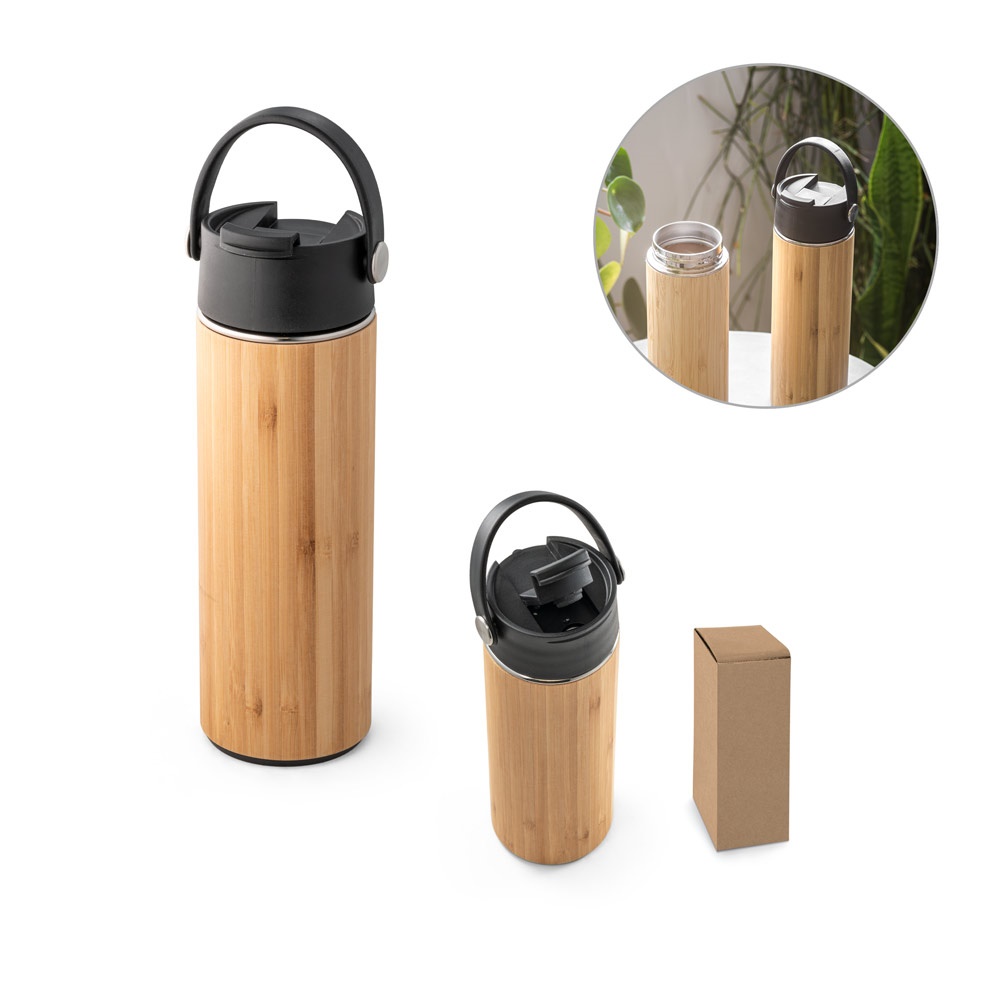 Laver. Garrafa Térmica em Aço Inox e Bambu, de Parede Dupla Isolada a Vácuo (440 Ml)