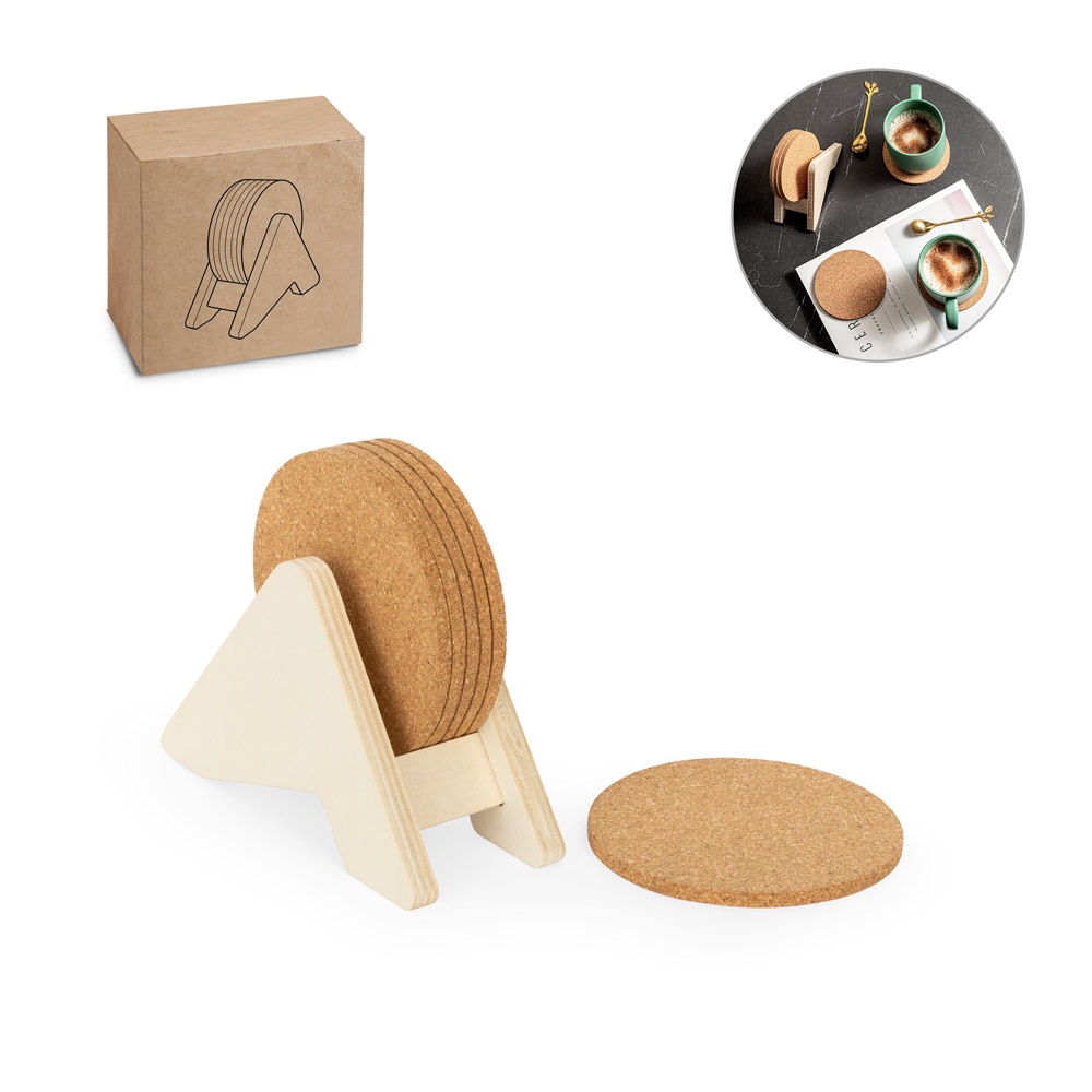 Plycork. Porta Copos em Madeira com 6 Bases para Copos em Cortiça