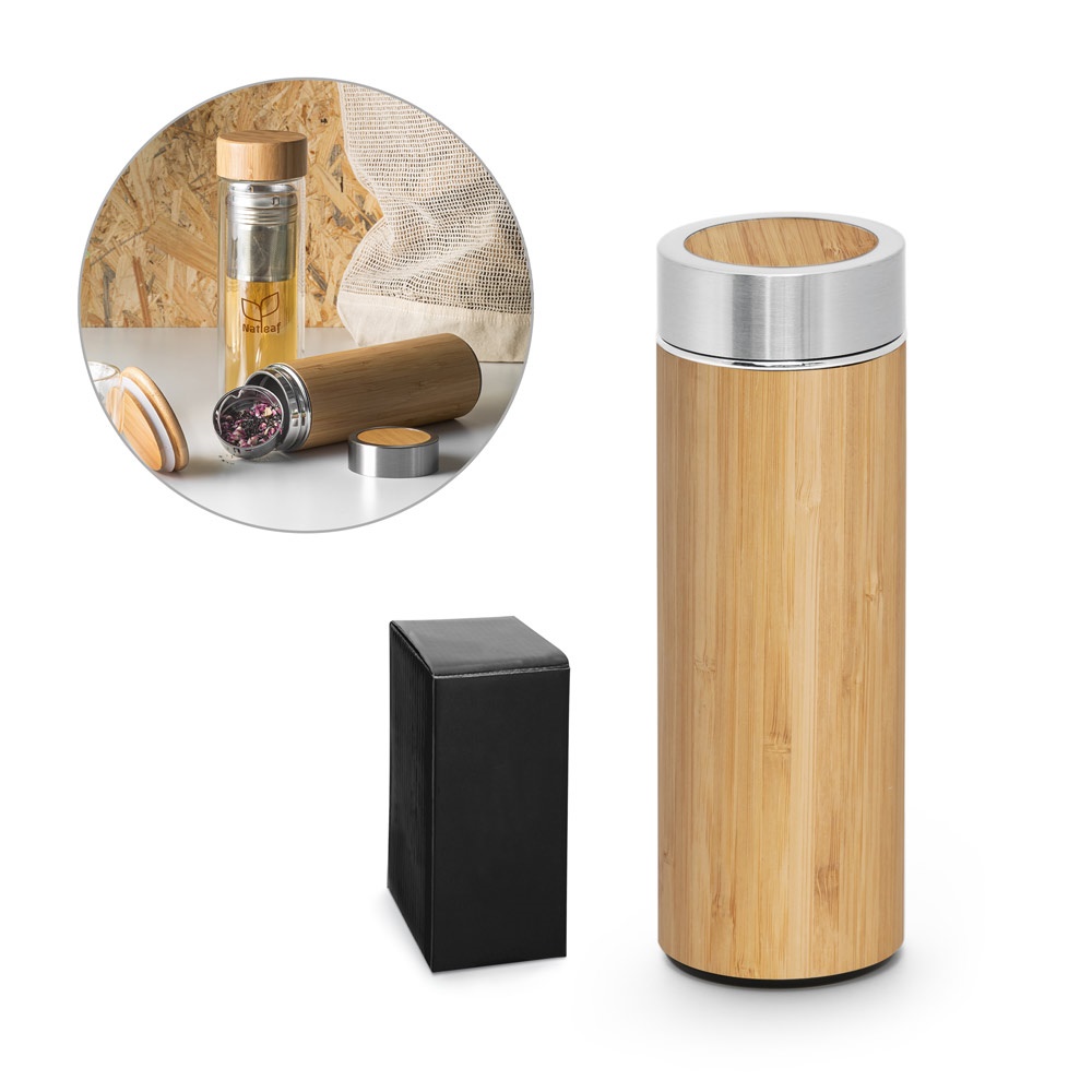 Naturel. Garrafa Térmica em Aço Inox 90% Reciclado e Bambu, de Parede Dupla Isolada a Vácuo (430 Ml)