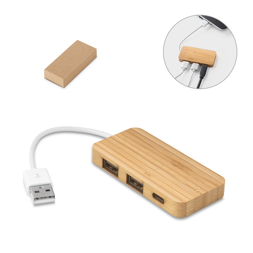 Moser. Hub em Bambu com 2 Portas Que Permite a Transferência de Dados