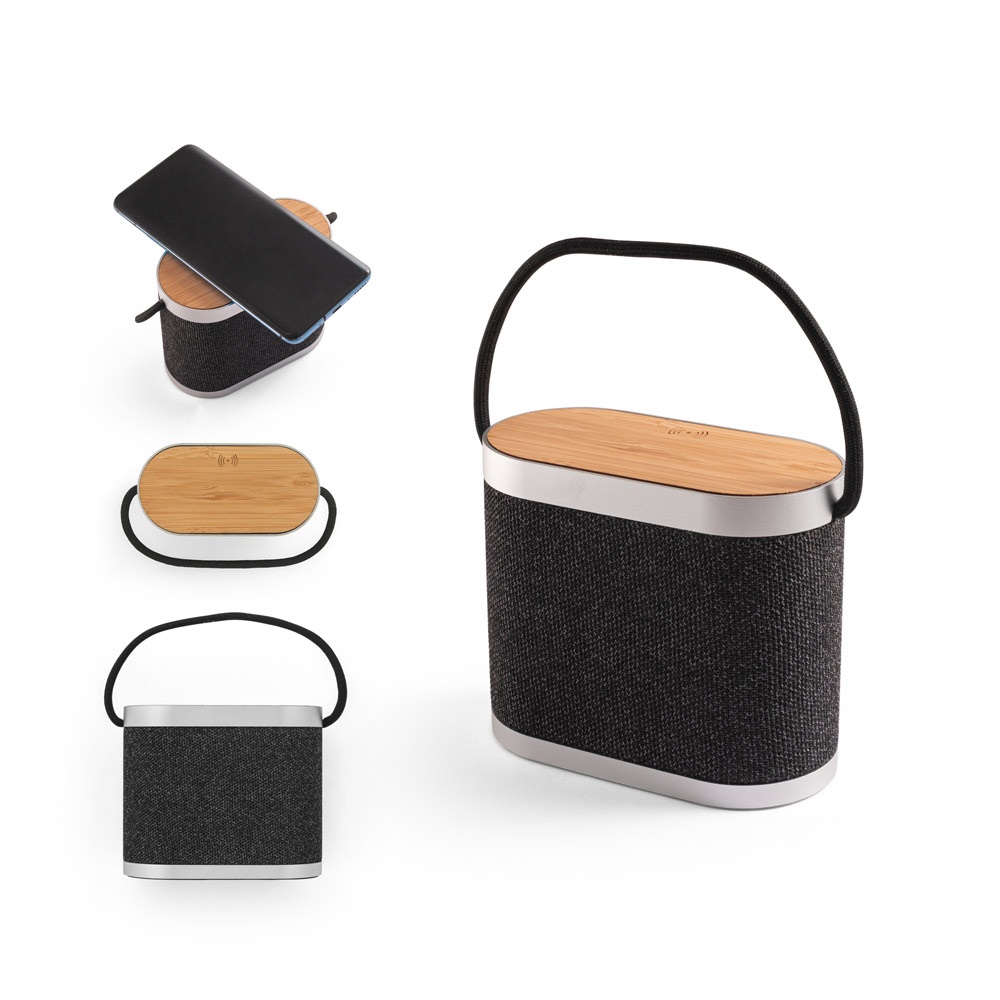 Guetta. Caixa de Som de 5w com Carregador Por Indução Super-rápido e Autonomia de 2h (1'200 Mah), em Bambu e Pet 100% Reciclado