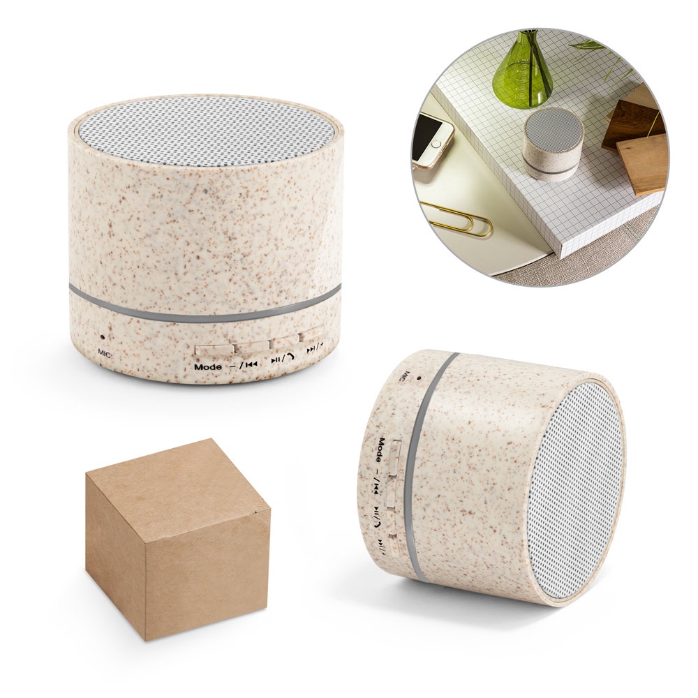Re-lineu. Caixa de Som Portátil com Microfone e Autonomia de 4h30 (400 Mah), em Fibra de Palha de Trigo e Abs 100% Reciclado