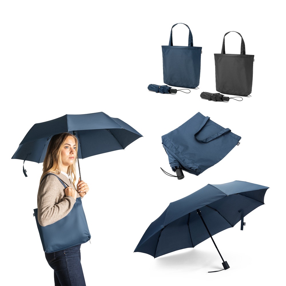 Skylar. Guarda-chuva 2 em 1 com Sacola de Compras em Poliéster Reciclado Incluso
