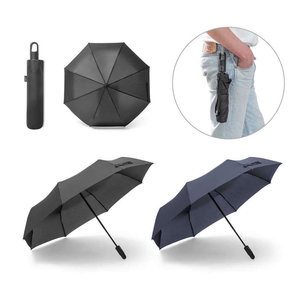 Gustavo. Guarda-chuva, Dobrável, em Poliéster 100% Reciclado Pongee 190t com Abertura e Fecho Automático